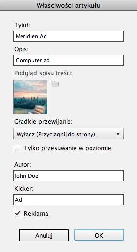 10 2 W panelu Folio Builder kliknij dwukrotnie folio City Guide. Zaznacz artykuł WiFi Ad, a następnie w panelu Folio Builder wybierz Właściwości.