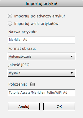 5 Uwaga: Przed zaimportowaniem artykułów należy otworzyć dokumenty źródłowe w folderze TutorialAssets, aby upewnić się, że wszystkie łącza zostały uaktualnione, a pliki zapisane.