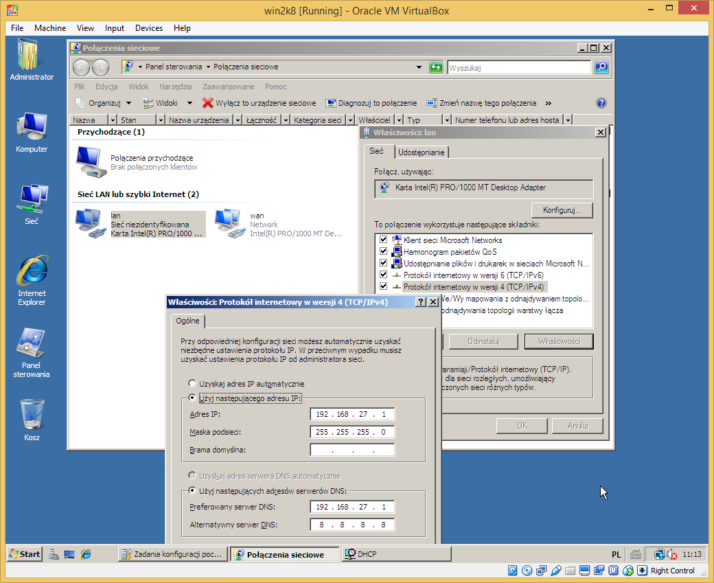 Przed przystąpieniem do instalacji usługi DNS należy sprawdzić, czy w maszynie wirtualnej serwera Windows włączyliśmy dwie karty sieciowe i odpowiednio je skonfigurowaliśmy.