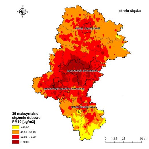 kolejnych rysunkach przedstawiono emisję podstawowych zanieczyszczeń ze źródeł punktowych na terenie województwa śląskiego.