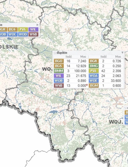 Rysunek 3-4 Ilość i moc instalacji wykorzystujących odnawialne źródła energii na terenie województwa śląskiego Źródło: Urząd Regulacji Energetyki Rysunek 3-5 Ilość i moc instalacji wykorzystujących