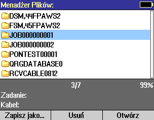 Menadżer plików Menadżer plików CS260 składa się z czterech stron: Zapisywanie wyników pomiaru NAZWA STRONY Zadania Kable Wyniki Zapisz jako OPIS I FUNKCJA Zawiera zadania (katalogi) zapisane w