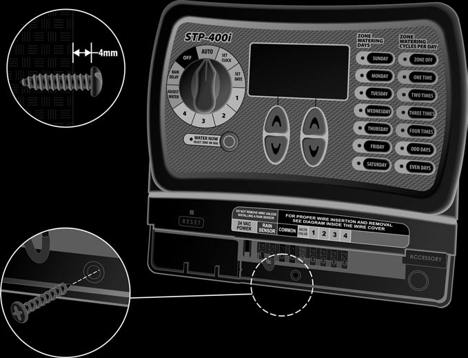 Montowanie sterownika Należy wykonać poniższe instrukcje, aby zamontować sterownik STPi: Krok 1 Wkręć śrubę w ścianę, pozostawiając odstęp 4 mm między łbem śruby a ścianą, tak jak pokazano na rysunku