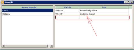 Rysunek 30. Dodanie nowej wartości do słownika W prawej części okna zostanie dodany pusty wiersz, do którego można wpisać nową wartość i opis.