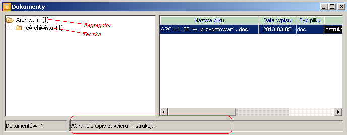 4.1. Lista dokumentów w archiwum Jest po podstawowe okno programu, z którego dostępne będą wszystkie funkcje obsługi dokumentów. Rysunek 39. Okno z listą dokumentów w archiwum.