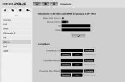 802.1x podczas podłączania sieci można decydować, czy skorzystać z protokołu 802.1x, a następnie zainstalować certyfikat. 1. Z menu Setup wybierz kartę <Sieć ( )>. 2. Kliknij opcję <802.1x>. 3.