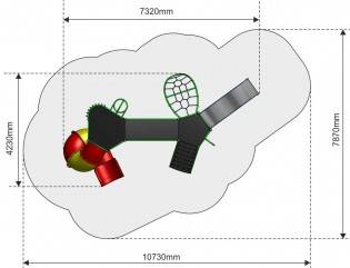 Zestaw zabawowy Wymiary urządzenia: 4,24m x 7,32m, wysokość 3,16m Podesty na wysokości 1,14m; 1,98m Wysokość swobodnego upadku: 1,98m Strefa bezpieczeństwa: 54m² Głębokość posadowienia: min.