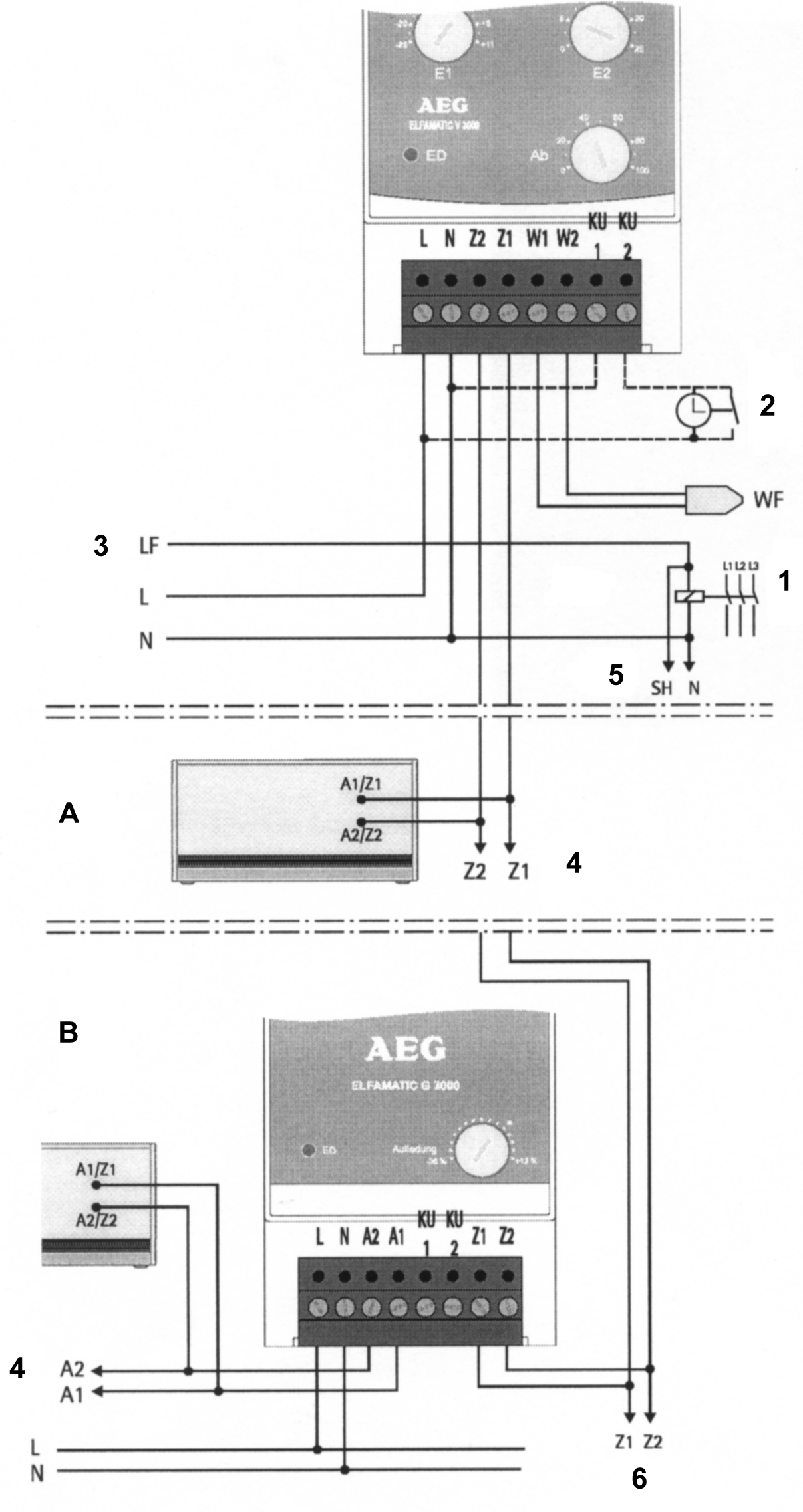 Schemat pod³¹czeñ elektrycznych A. System pojedynczy, bez grupowego urz¹dzenia sterowniczego B. System centralny z grupowym urz¹dzeniem sterowniczym 1. Zabezpieczenie ³adowania 2.