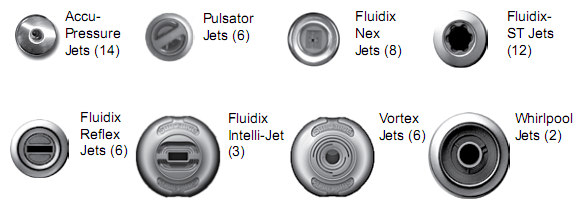 880 Maxxus opis pracy podzespołów i kontrolek Ogółem: 57 dysz A Dopowietrzanie reguluje dysze Diamond Therapy Lounge (3 Fluidix Intelli-, 2 Fluidix Nex, 2 Pulsators, 2 Vortex) B Selektor masażu