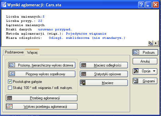 8 Poziomy hierarchiczny wykres drzewa oraz Pionowy wykres sopelkowy naciśnięcie jednego z tych przycisków powoduje utworzenie dendrogramu przedstawiającego strukturę powstałych skupień.