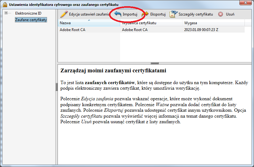 7. Wybrać Zakończ : 8. Po zainstalowaniu certyfikatu Klienta zostanie wyświetlony komunikat i nacisnąć OK : Podpisywanie dokumentów PDF za pomocą programu Adobe Reader: 1.