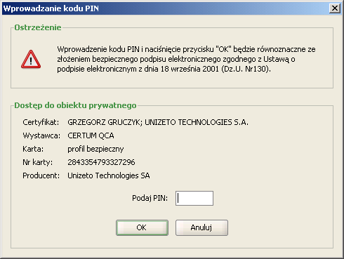 Rysunek 26: Wybór certyfikatu dla operacji podpisu Jeżeli użytkownik dla operacji podpisu cyfrowego wybrał certyfikat kwalifikowany to wyświetlona zostanie prośba o wprowadzenie kodu