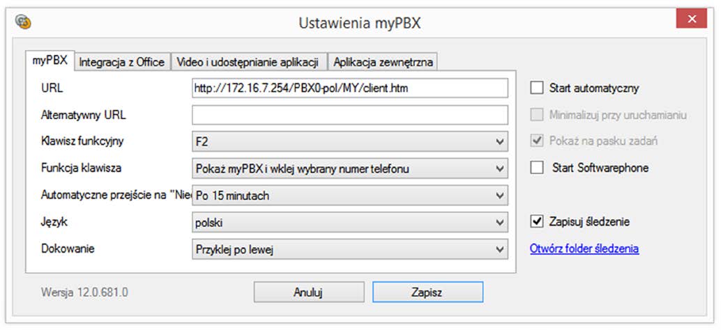 Możliwe ustawienia konfiguracyjne: mypbx URL: Zawiera adres IP innovaphone PBX. Prosimy o kontakt z administratorem, przed wprowadzeniem jakichkolwiek zmian.