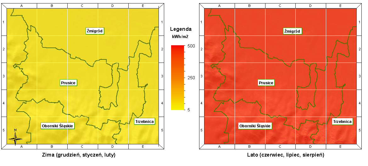 Powoduje to, że w półroczu letnim potencjalna energia użyteczna na obszarze gminy osiąga ok. 450 kwh/m², z kolei zimą spada do ok. 50 kwh/m² (Rys. 27)