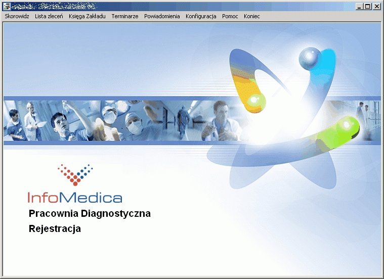 Podstawy użytkowania systemu Na ekranie wyświetla się okno główne aplikacji: W skład menu głównego wchodzą następujące opcje: Skorowidz pacjentów Lista zleceń Księga Zakładu Terminarz Powiadomienia