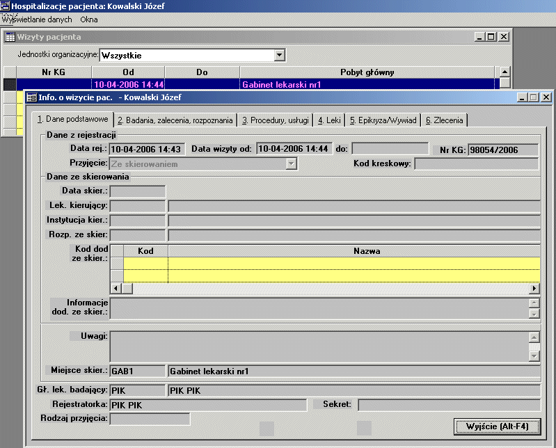 administracyjne pokazuje się Okno informujące o pobycie pacjenta.