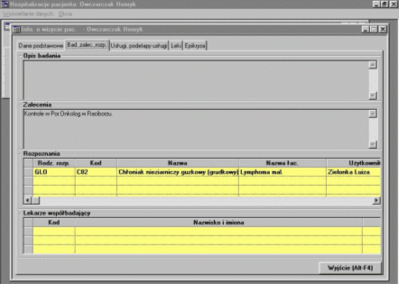 Pola tej zakładki są wypełnione w innych miejscach programu, a należą do nich: Data rejestracji Nr KG numer Księgi Głównej Przychodni nadawany w odpowiednim module Płatnik danej wizyty Przyjęcie