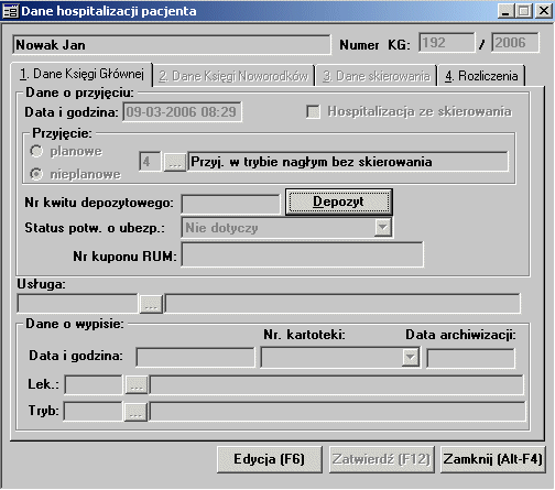 Okno Dane hospitalizacji pacjenta zawiera tzw. dane administracyjne hospitalizacji, która powstała w modułach systemu Ruch Chorych (czyli na Izbie Przyjęć i Oddziale).