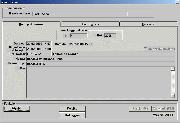 Okno pokazuje wybrane informacje o wykonanym zleceniu. Jako pierwsza widnieje informacja o bieżącym pacjencie - jego: Imię i nazwisko.