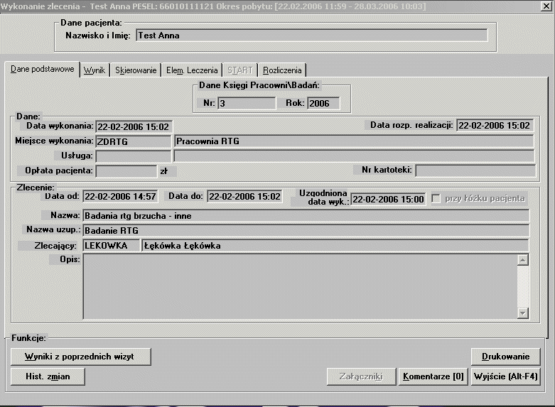 Dalej dane podzielono tematycznie na zakładki: Dane podstawowe Wynik Skierowanie Elementy leczenia Rozliczenia ich opis znajduje się w następnych rozdziałach.