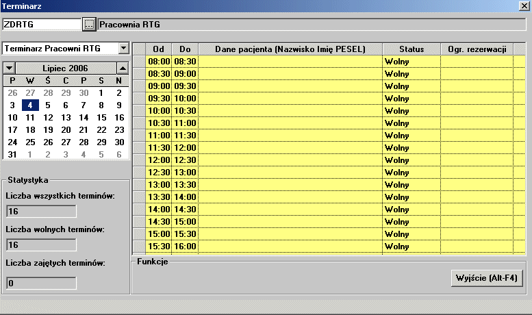 4.4 Terminarze W menu głównym Terminarze występują opcje takie jak: Terminarz Kolejki oczekujących Lista zaplanowanych Blokowanie terminów Definiowanie terminarza Ograniczenie dostępności 4.4.1 Terminarz Lokalizacja: Menu Terminarze Poprzez wybranie z Menu głównego opcji Terminarz, można dokonać przeglądu terminarza wybranej Pracowni Diagnostycznej.