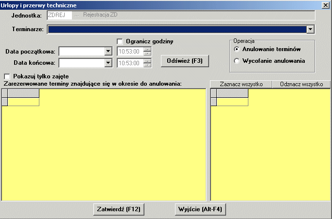 4.4.4 Blokowanie terminów Blokowanie terminów: Lokalizacja: Menu Terminarze >Blokowanie terminów W górnej części okna można wybrać kryterium wyszukiwania z rozwijalnej listy wyboru : Terminarz Data