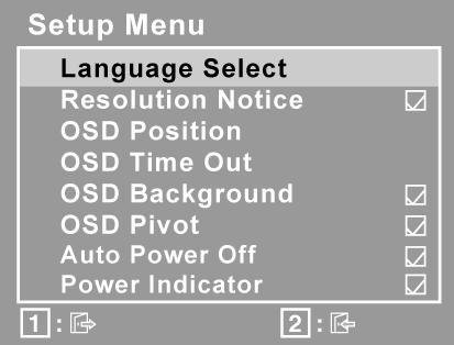 Element Obja nienie Setup Menu (menu ustawie ) wy wietla nast puj ce menu: Language Select (J zyk) pozwala wybra j zyk, w którym wy wietlane b d menu i ekrany ustawie.