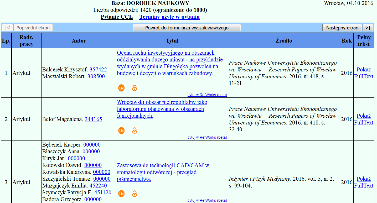 Wyszukiwanie prac OA PWr w bazie DONA A Prace ze wskaźnikiem Open Access