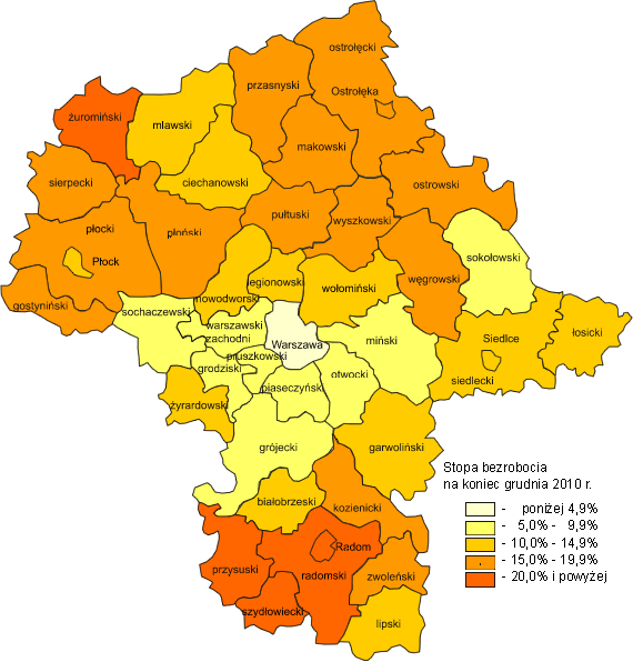 Opracowanie własne. Różnica pomiędzy najniższą i najwyższą stopą bezrobocia wyniosła 31,7 punktu procentowego (w 2009 r. 31,5 punktu procentowego).