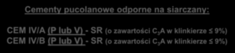 Cementy odporne na siarczany SR wg PN-EN 197-1:2012 Cementy portlandzkie odporne na siarczany: CEM I...-SR 0 (C 3 A w klinkierze =0%) CEM I...-SR 3 (C 3 A w klinkierze 3%) CEM I.