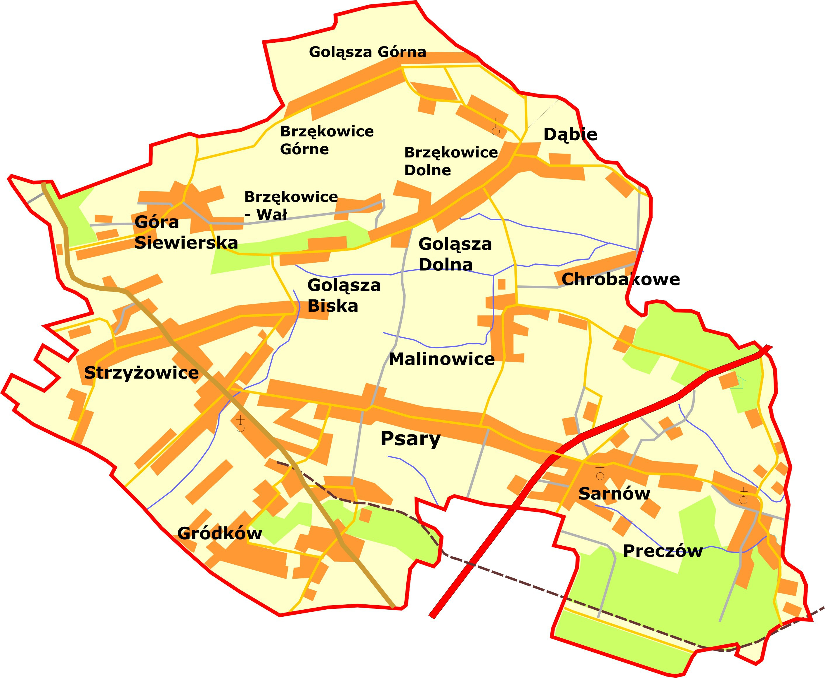 Mapa Gminy Psary Gmina Psary powstała w 1973 r., ale miejscowości, które wchodzą w skład jej granic administracyjnych maja długą historię.