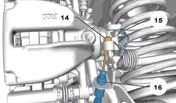 B3FP7VJD REGULACJA LINEK HAMULCA POSTOJOWEGO (HAMULCE TARCZOWE) Z obu stron Wysunąć końcówkę linki (14) zacisku. Zdemontować pierścień (16).