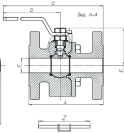 Zawory kołnierzowe 2-elementowe ze stali węglowej długa zabudowa Materiał kuli: Materiał rączki: Uszczelnienie kuli: stal AISI304 stal AISI304 PTFE (opcja: PTFE + CRB; PEEK) PTFE / VITON Temperatura