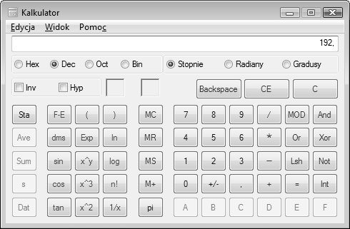 Rozdział 3. Protokoły sieciowe IPv4 i IPv6 101 Rysunek 3.3. Kalkulator Windows w trybie naukowym Rysunek 3.4. Kalkulator w trybie naukowym Rysunek 3.5.