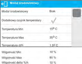 26. ŚRODOWISKO Grupa parametrów, w której użytkownik ma możliwość włączenia odczytu warunków środowiskowych z modułu środowiskowego THB 3/5, oraz definiowania wartości granicznych temperatury i