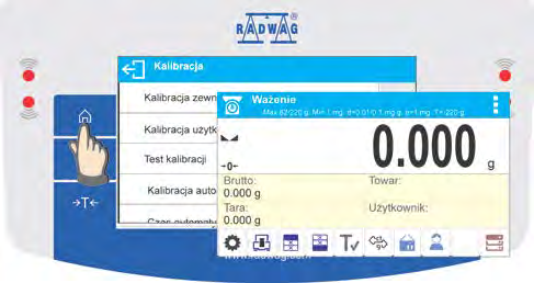 Naciśnięcie pola tekstowego z przypisaną funkcją: Wykonanie kalibracji wewnętrznej (do pola tekstowego jest przypisana funkcja kalibracji).