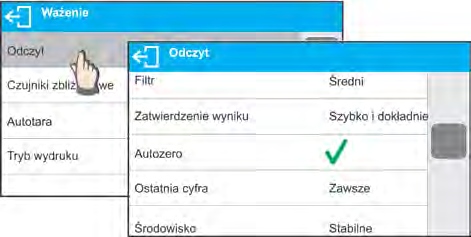 8.10. Ustawienia dla modu <WAŻENIE> Program wagi umożliwia skonfigurowanie parametrów użytkowych (filtrów, zatwierdzenia wyniku oraz działanie autozera, wygaszenia ostatniej cyfry wyświetlacza oraz