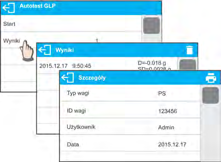 Nacisnąć pole <Start>.Program wagi rozpocznie procedurę autotestu GLP i zostanie ona przeprowadzona do końca automatycznie. Dodatkowe okno pokazuje postęp procesu.