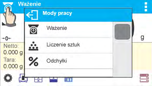 12.2. Wybór modu pracy Aby zmienić mod pracy, należy: o nacisnąć ikonę aktualnie wykorzystywanego modu, która jest widoczna w lewym górnym rogu wyświetlacza, o na wyświetlaczu pojawi się lista modów,