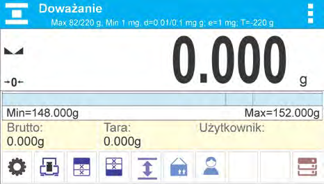 Po ustawieniu masy pojedynczego detalu należy na szalce lub w pojemniku, którego masa została wtarowana do pamięci wagi, umieścić liczone detale.