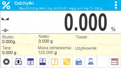 16.3. Porównywanie próbki z masą wzorca Porównywanie próbek z masą wzorca można realizować poprzez: podanie masy wzorca, wykorzystanie przycisku < Podaj masę odniesienia>, przyjęcie aktualnej masy,