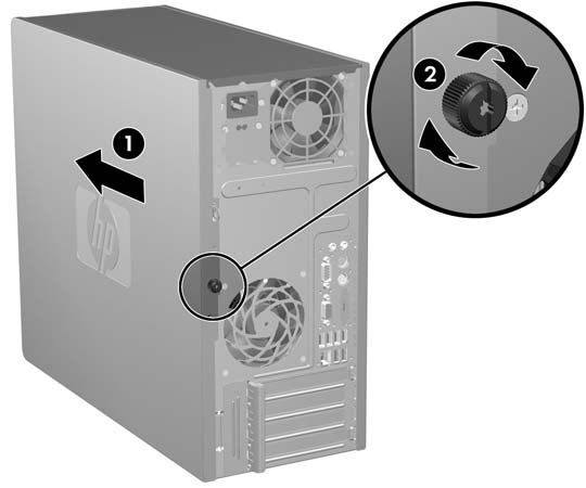Zakładanie panelu dostępu komputera Załóż panel dostępu na obudowę, tak aby wystawał na około 1,3 cm (1/2 cala) poza obudowę i wsuń go w odpowiednie miejsce (1).