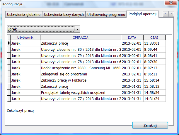 Podgląd operacji Podgląd operacji to możliwość sprawdzenia jakie operacje w trakcie pracy z programem wykonywali poszczególni użytkownicy. Program zapisuje informacje o większości istotnych operacji.