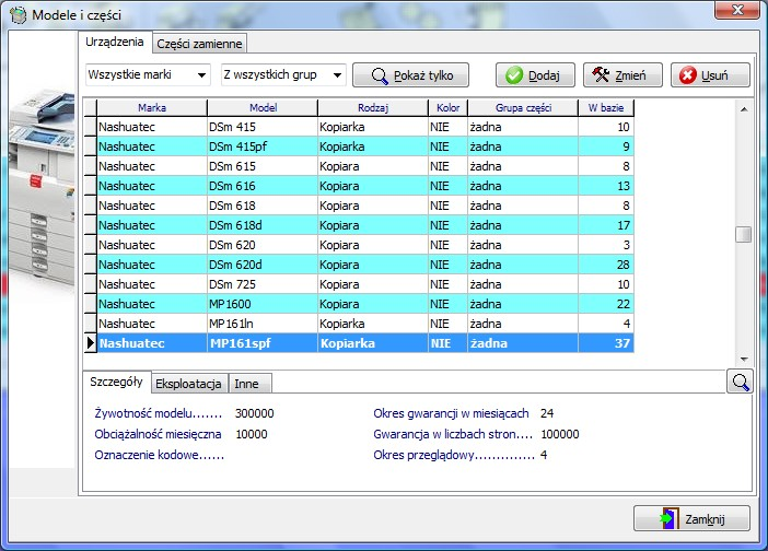 Modele i części Funkcja modeli i części zostało stworzona z myślą o ułatwieniu wprowadzania danych powtarzanych. Jest tak, kiedy zakładamy w bazie kolejne urządzenie danego modelu.