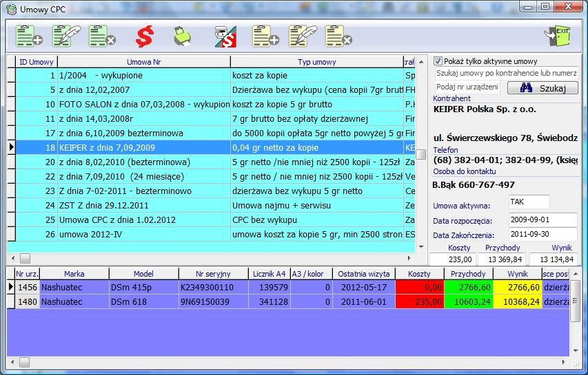 Baza umów CPC Zadaniem modułu umów CPC jest ułatwienie kontroli urządzeń znajdujących umowie najmu / dzierżawy lub umowach serwisowych typu CPC (Cost per copy).