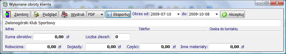 Wykonane zlecenia / obroty u klienta. Raport ten pozwala na szybkie wyświetlenie informacji na temat zleceń oraz ich kosztów jakie zostały wykonane w określonym czasie.