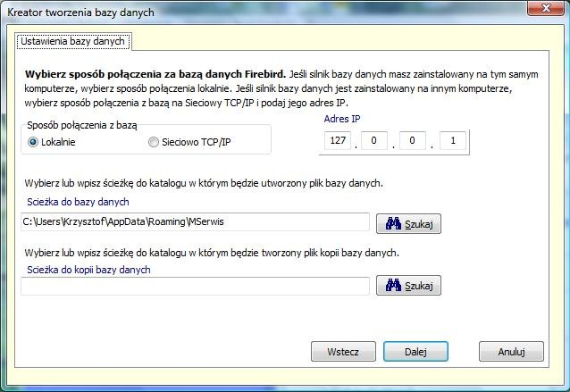 określony jako Lokalnie, jeżeli natomiast na zdalnym serwerze wówczas należy określić jako Sieciowo TCP/IP i podać adres IP serwera.