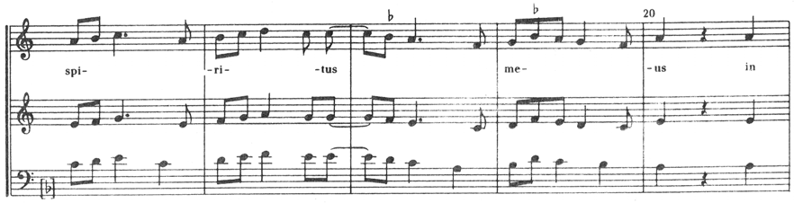 4 Próbny egzamin maturalny z historii muzyki Zadanie 6. (3 pkt) Poniżej przedstawiono fragment utworu, w którym zastosowano technikę fauxbourdon. A. Wyjaśnij, na czym polega ta technika. B.