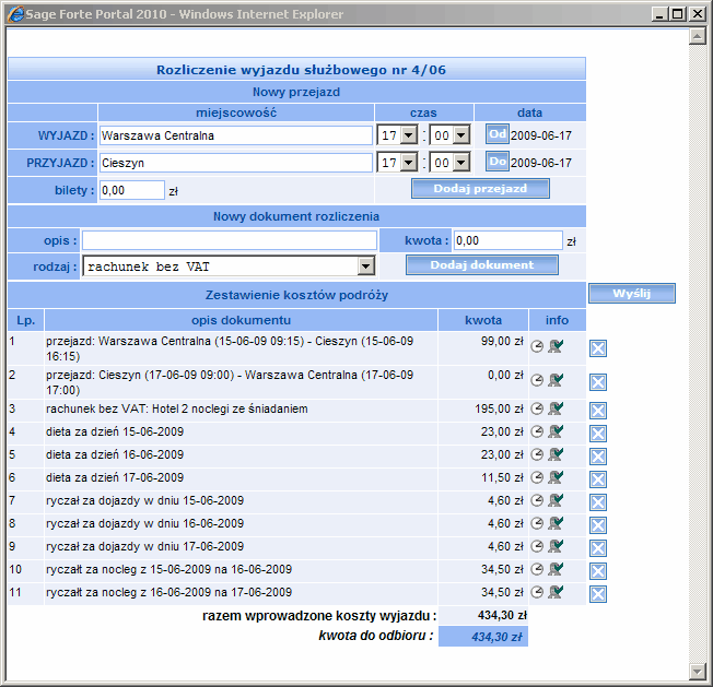 Praca z modułem Delegacje Krajowe 1 3 Aby anulować wniosek wyjazdu, należy wybrać przycisk. Wprowadzanie kosztów rozliczenia Wprowadzenie dokumentów rozliczenia możliwe jest na dwa sposoby.