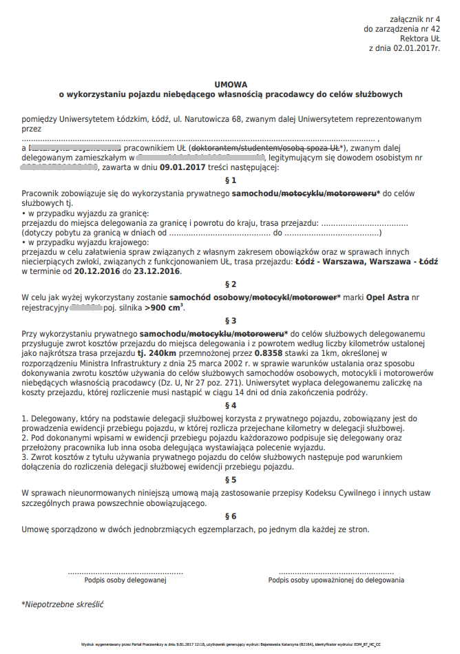 Umowa o wykorzystaniu pojazdu niebędącego własności ą pracodawcy do